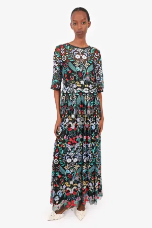 Robe longue Monique Lhullier à motifs floraux noirs Taille 8
