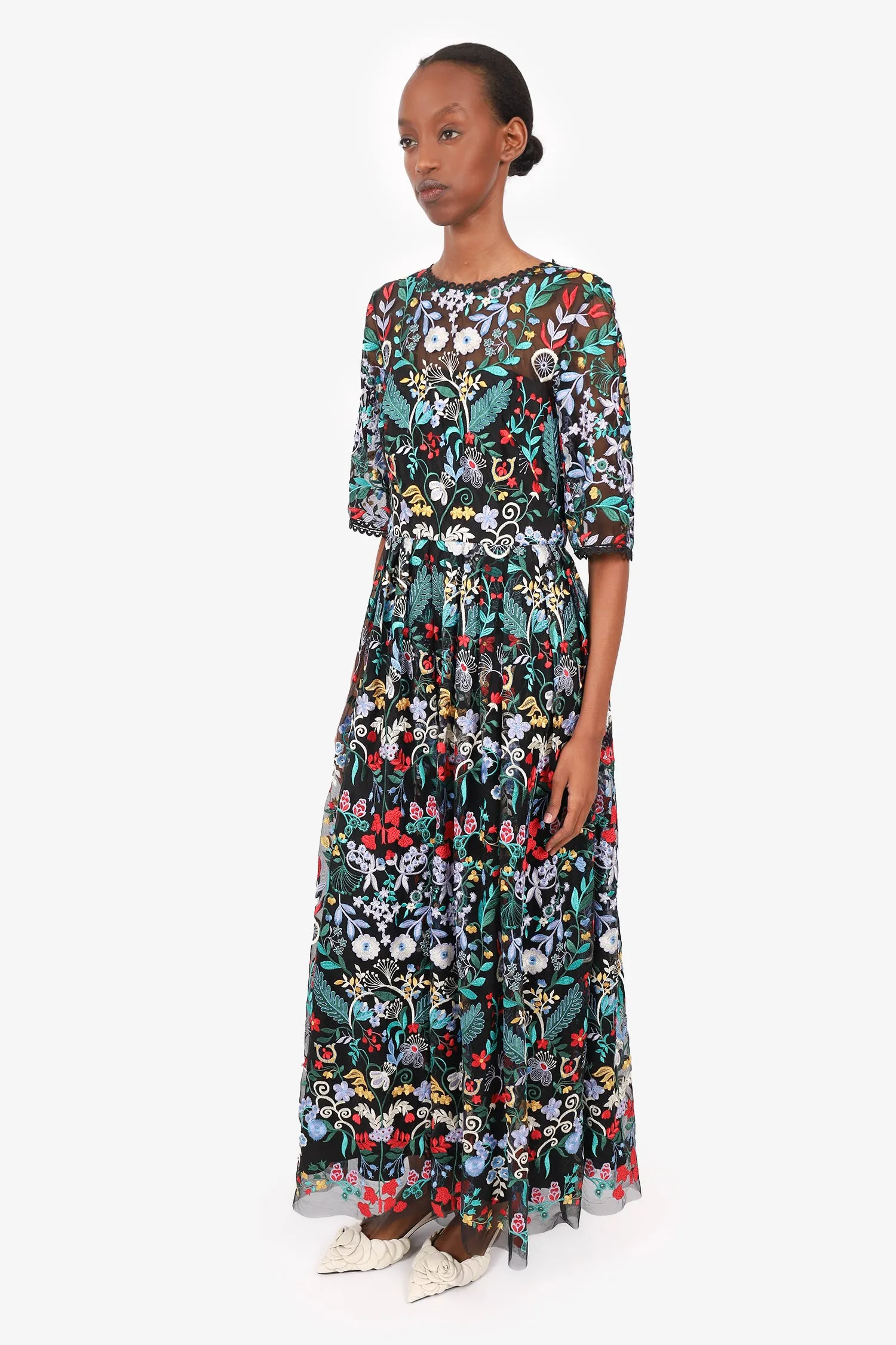Robe longue Monique Lhullier à motifs floraux noirs Taille 8