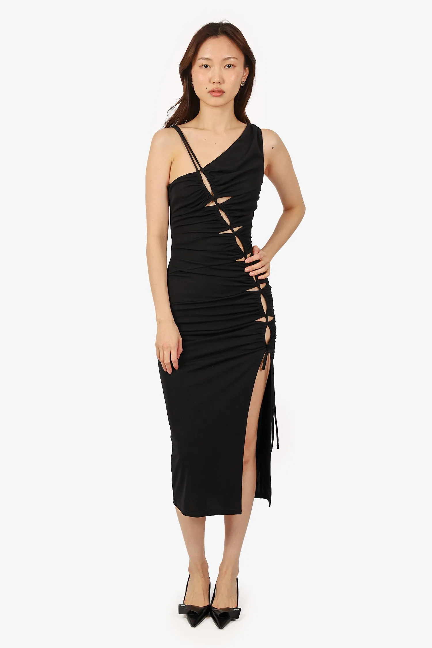 Robe mi-longue sans manches Nicholes Black avec découpes et ruchés Taille 0