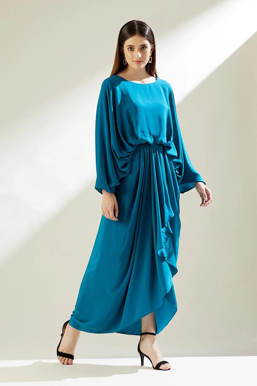 Robe drapée bleu océan