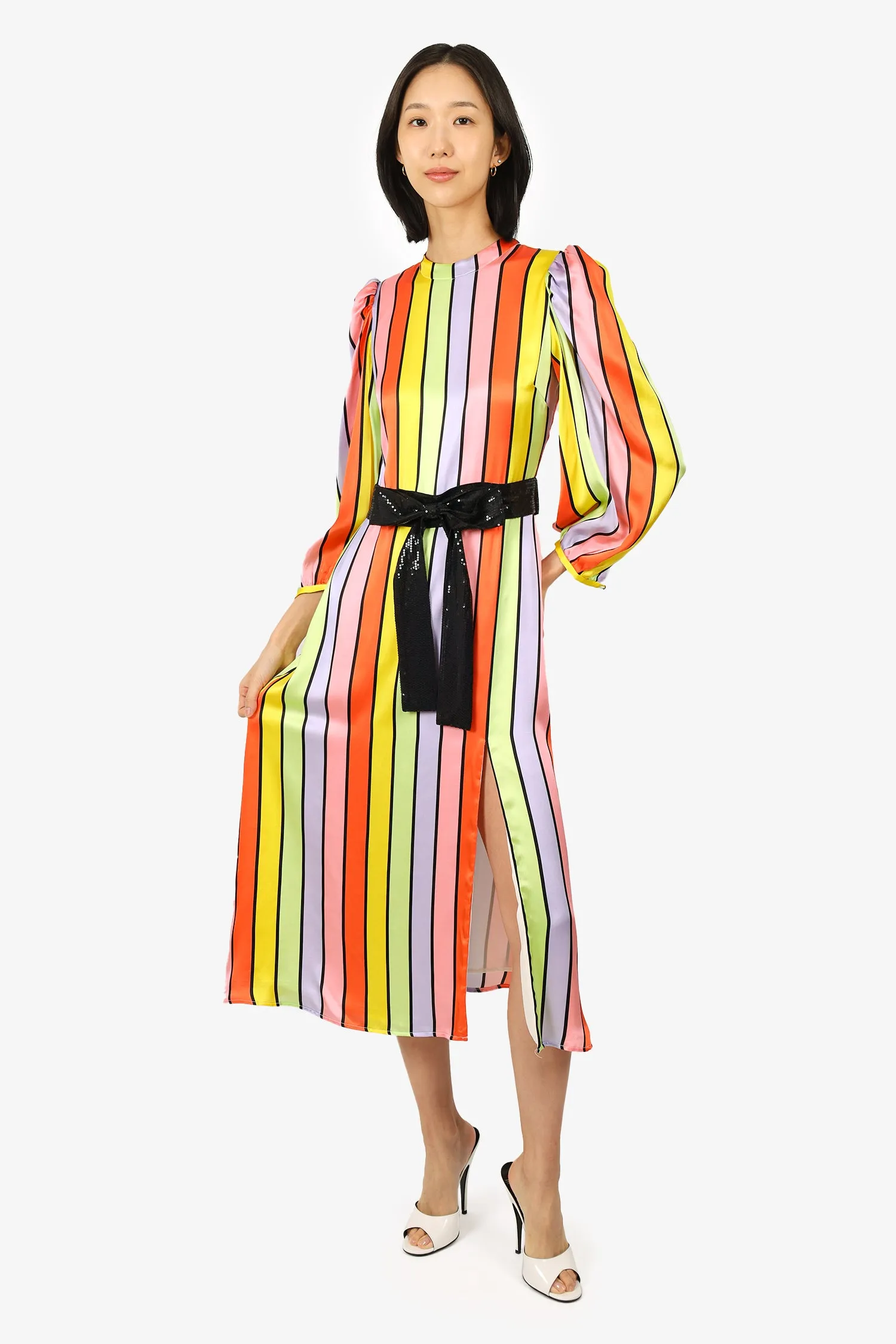 Olivia Rubin Robe à nœud multicolore en soie à paillettes taille 4 (en l'état)