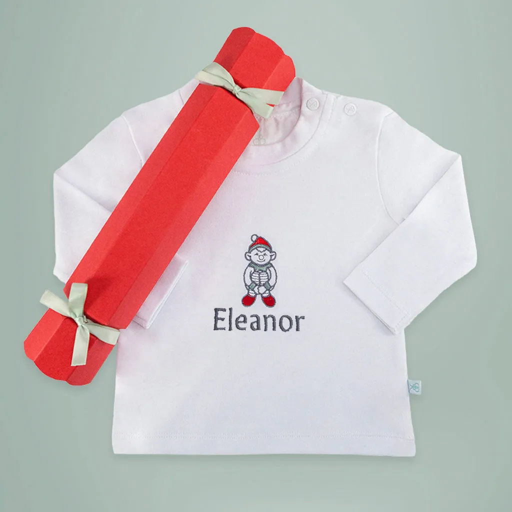 T-shirt personnalisé brodé de lutin et cracker de Noël