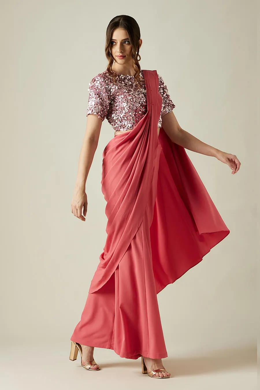 Ensemble Saree Palazzo et Blouse en Cristal Rose