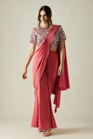 Ensemble Saree Palazzo et Blouse en Cristal Rose