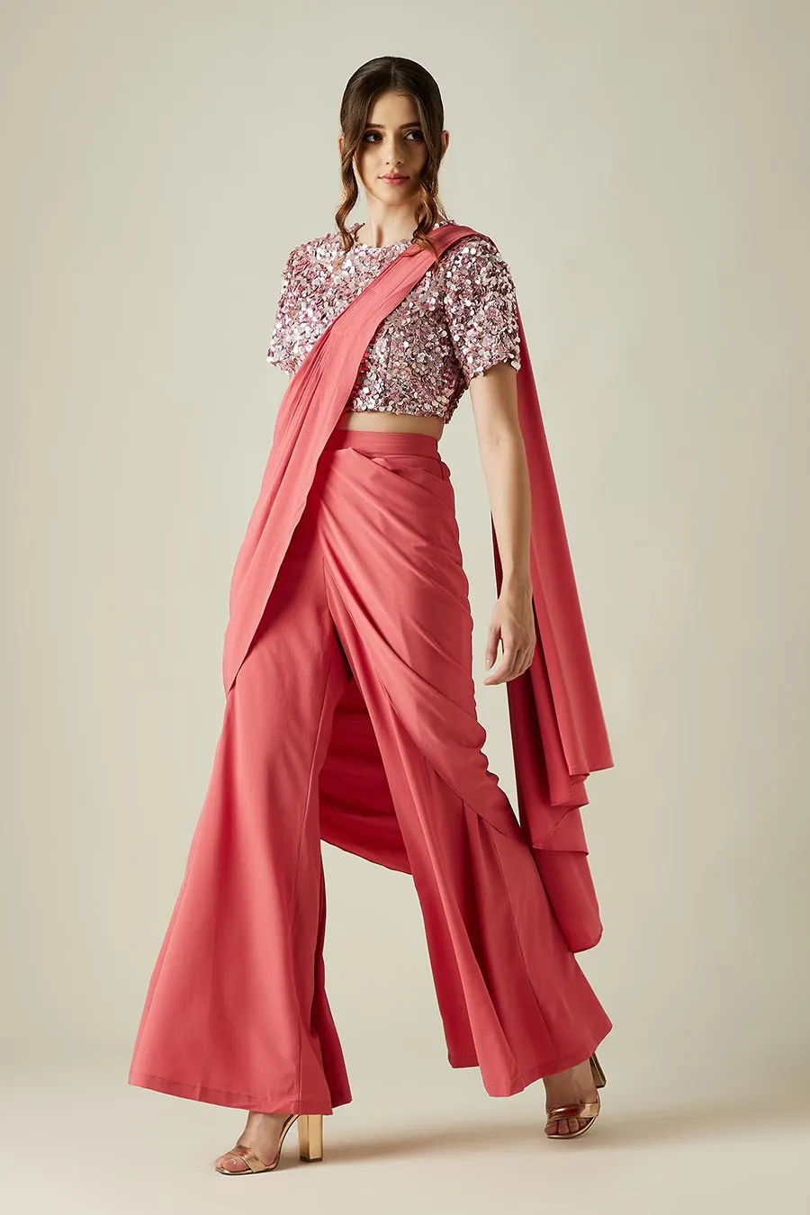 Ensemble Saree Palazzo et Blouse en Cristal Rose