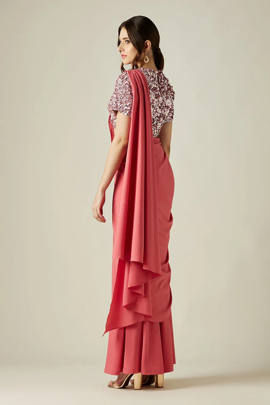Ensemble Saree Palazzo et Blouse en Cristal Rose