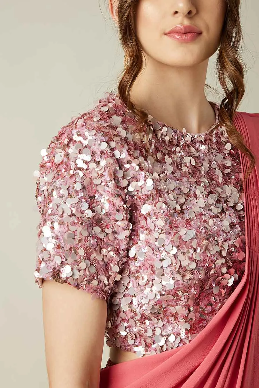 Ensemble Saree Palazzo et Blouse en Cristal Rose