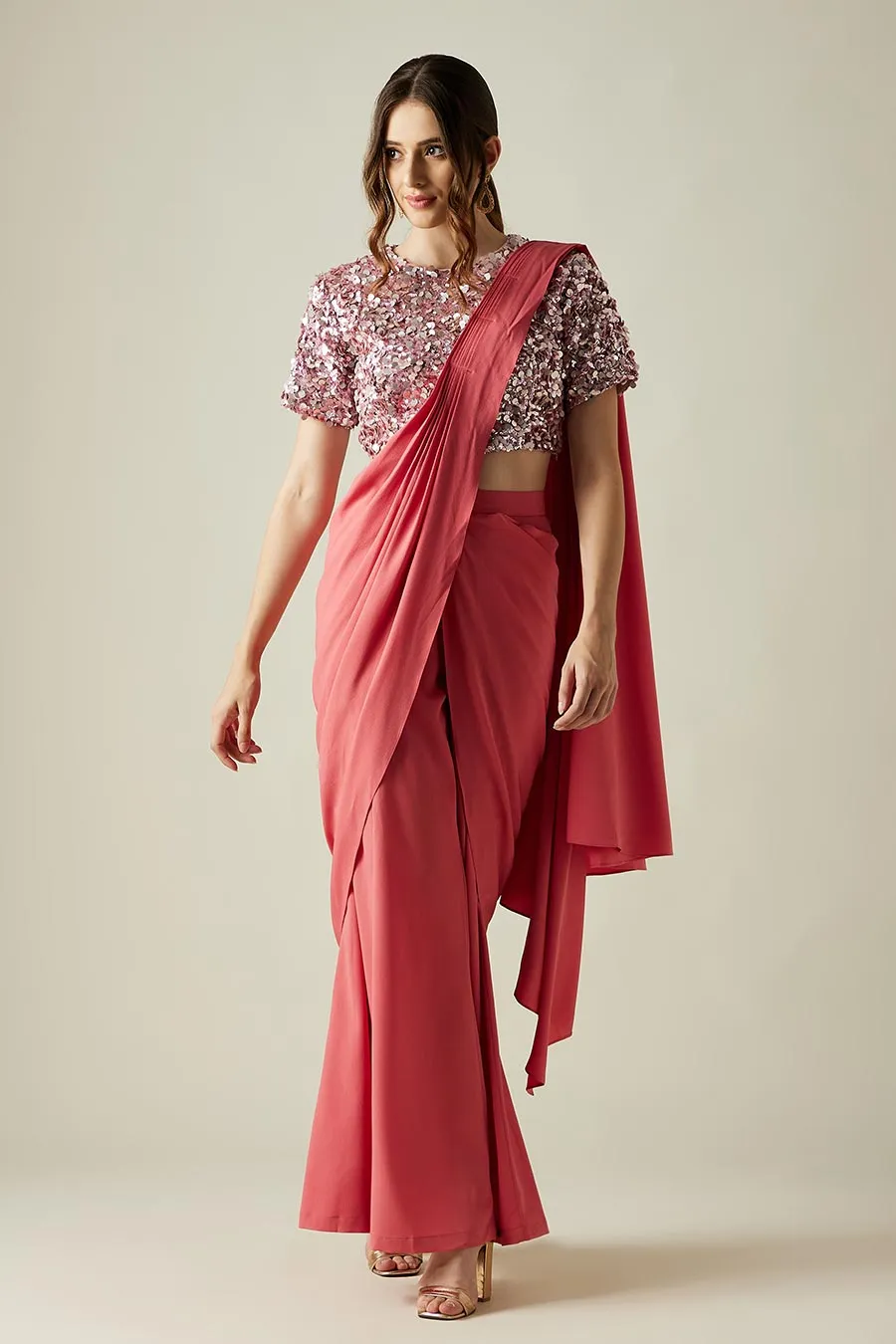 Ensemble Saree Palazzo et Blouse en Cristal Rose