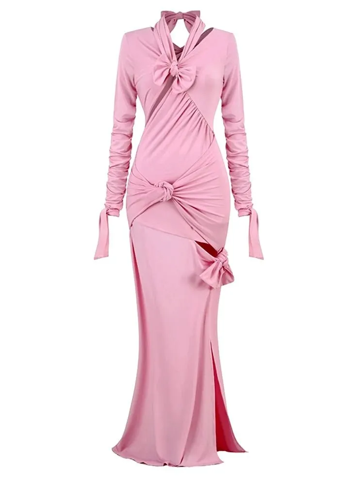 Robe maxi rose avec nœuds et découpes