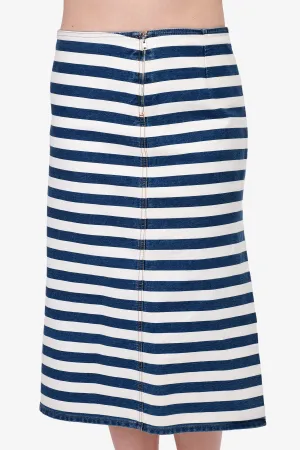 Jupe mi-longue en denim rayé bleu et blanc Prada Taille 42