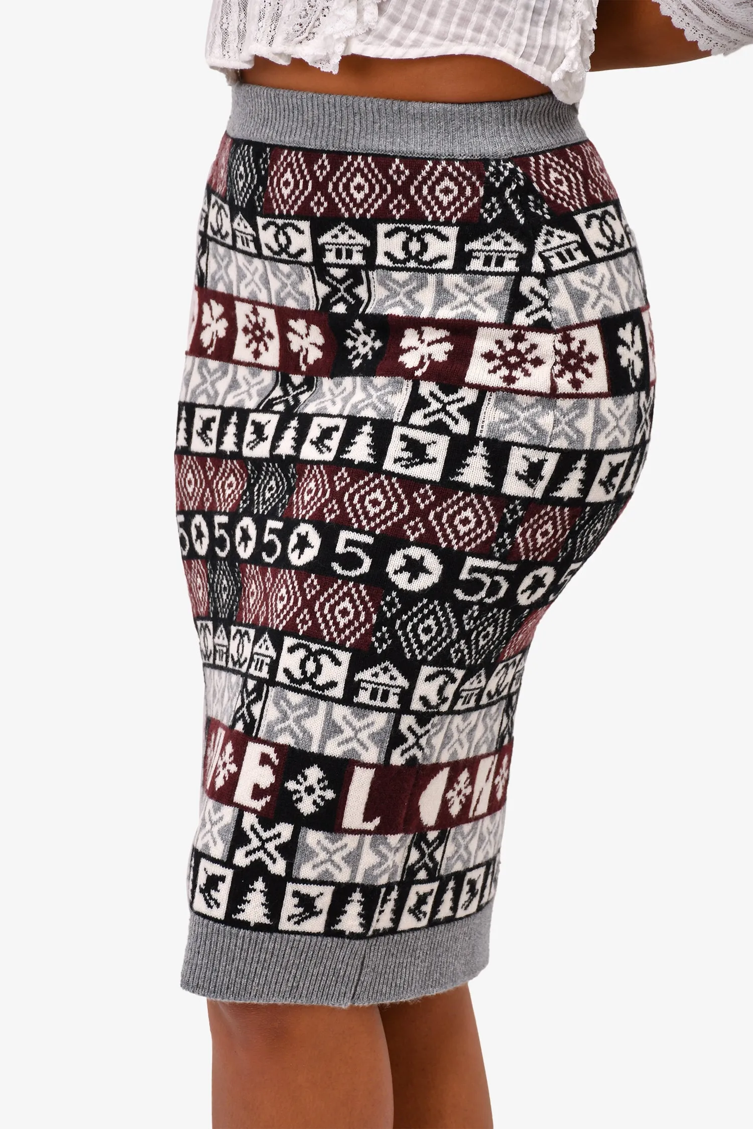 Chanel™ d'occasion Jupe mi-longue en cachemire gris/noir Taille 34