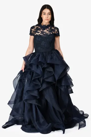 Reem Acra Robe en soie marine à broderie à volants étagés Taille estimée M