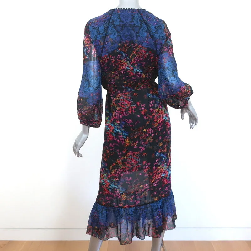 Robe midi Saloni à cordon froncée à imprimé floral et dentelle en soie taille US 6