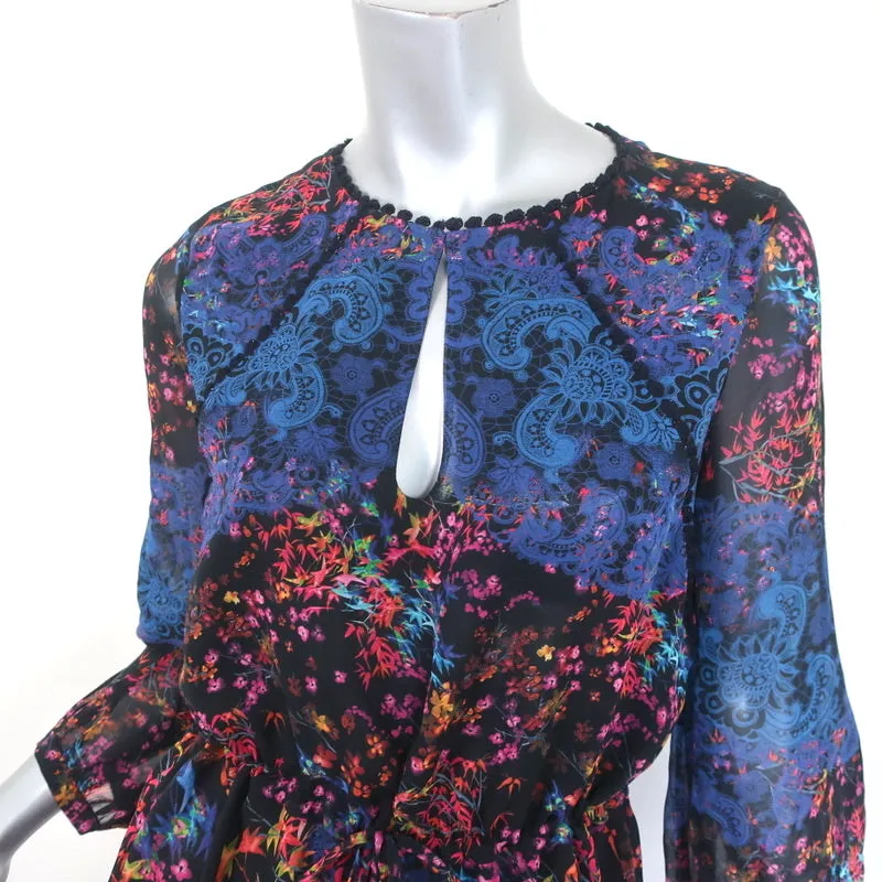 Robe midi Saloni à cordon froncée à imprimé floral et dentelle en soie taille US 6