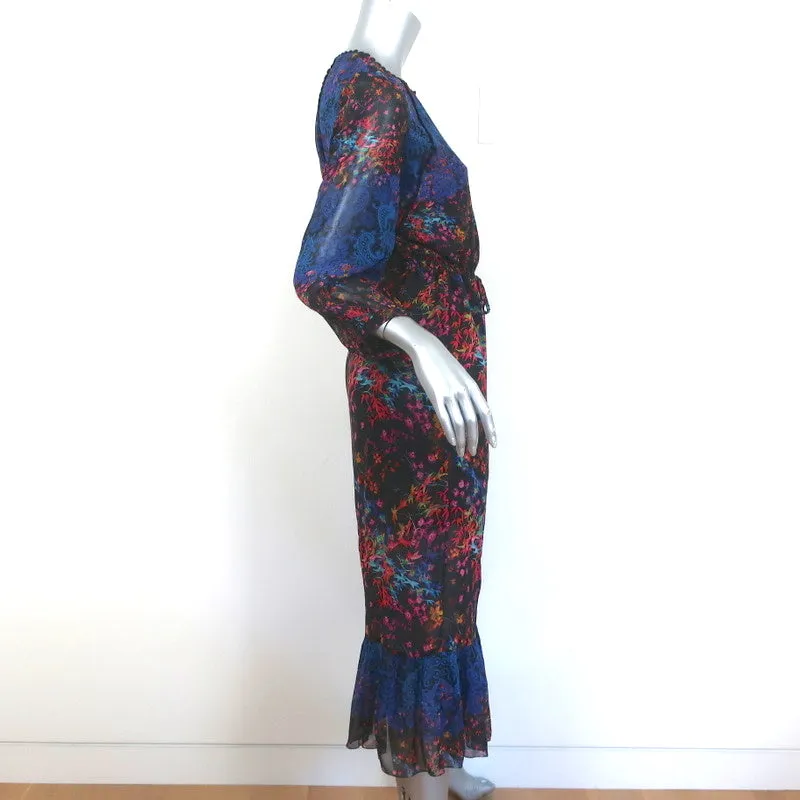 Robe midi Saloni à cordon froncée à imprimé floral et dentelle en soie taille US 6
