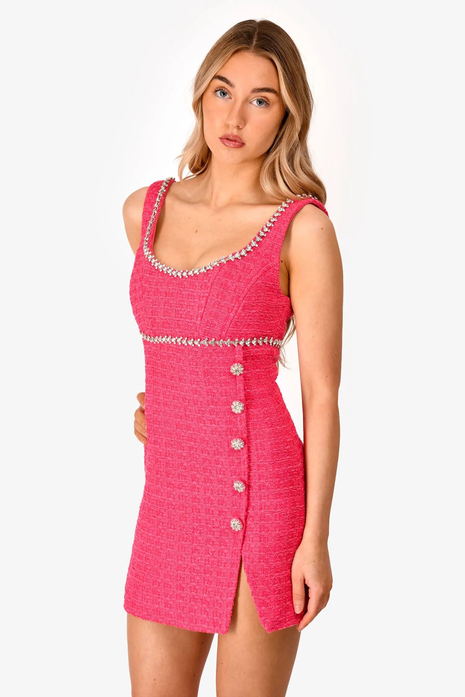 Robe Mini Self Portrait en Tweed Rose Décorée de Cristaux Taille 6