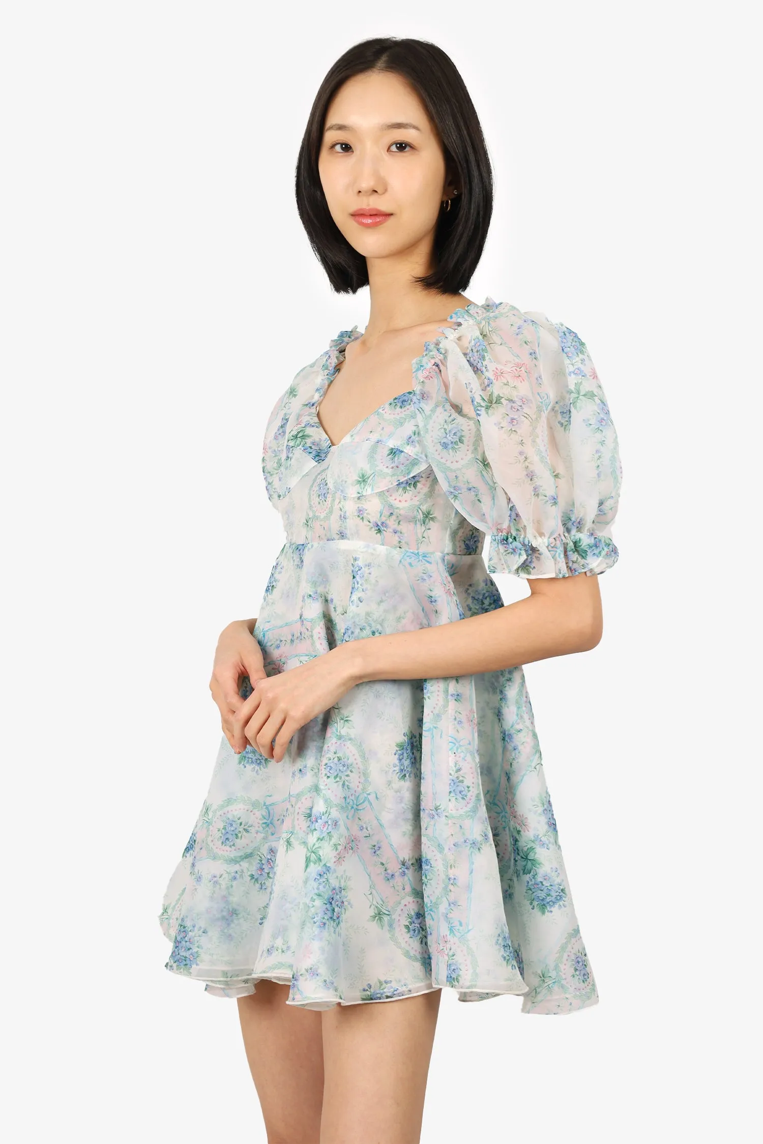 Robe courte Selkie à imprimé floral bleu et blanc avec manches ballon taille 6