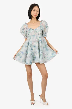 Robe courte Selkie à imprimé floral bleu et blanc avec manches ballon taille 6