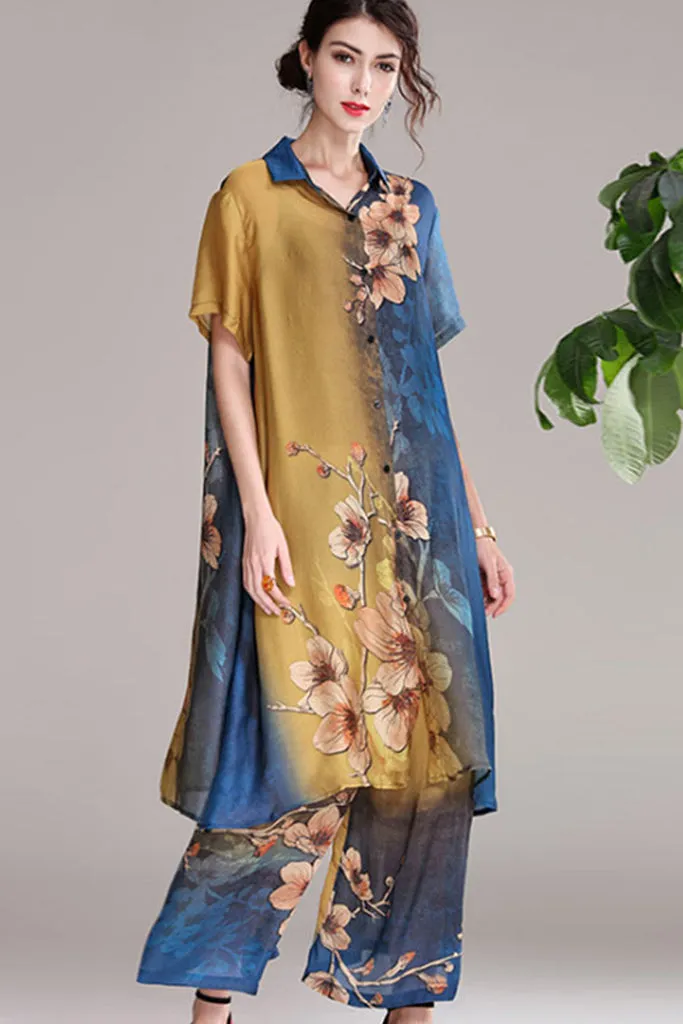 ENSEMBLE DEUX PIÈCES BLOUSE LARGE À MANCHES COURTES ET PANTALON LARGE