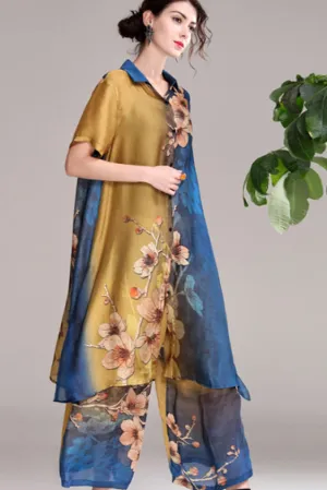 ENSEMBLE DEUX PIÈCES BLOUSE LARGE À MANCHES COURTES ET PANTALON LARGE