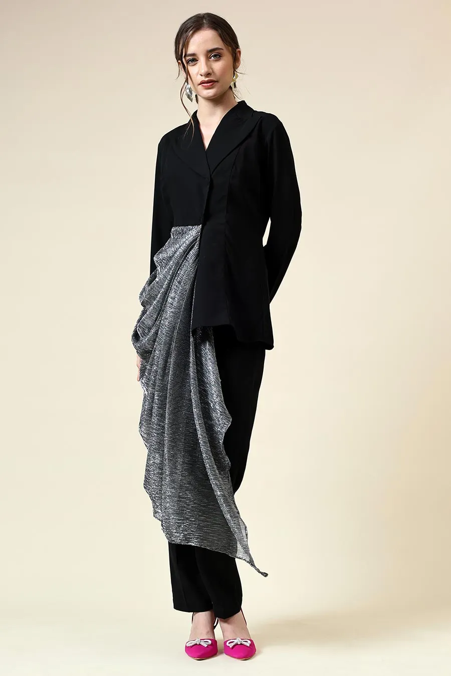 Ensemble Coordonné Blazer Noir Drapé avec Lurex Argenté