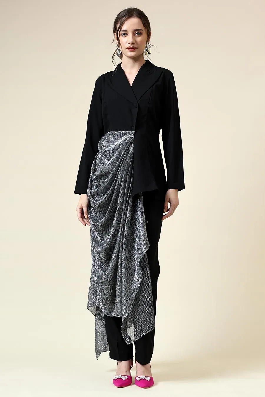 Ensemble Coordonné Blazer Noir Drapé avec Lurex Argenté