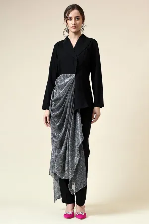 Ensemble Coordonné Blazer Noir Drapé avec Lurex Argenté