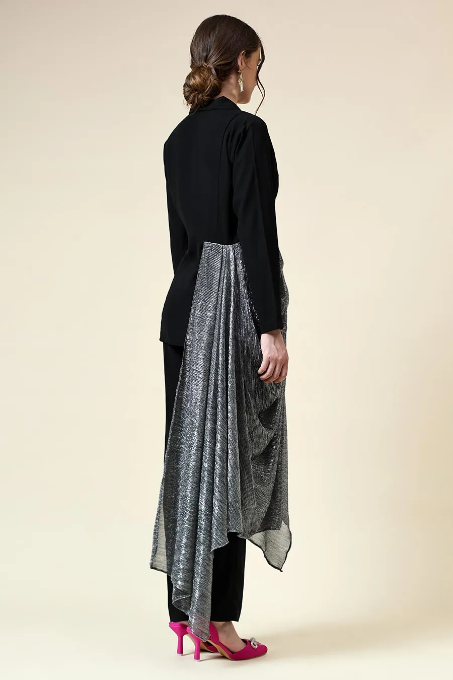 Ensemble Coordonné Blazer Noir Drapé avec Lurex Argenté