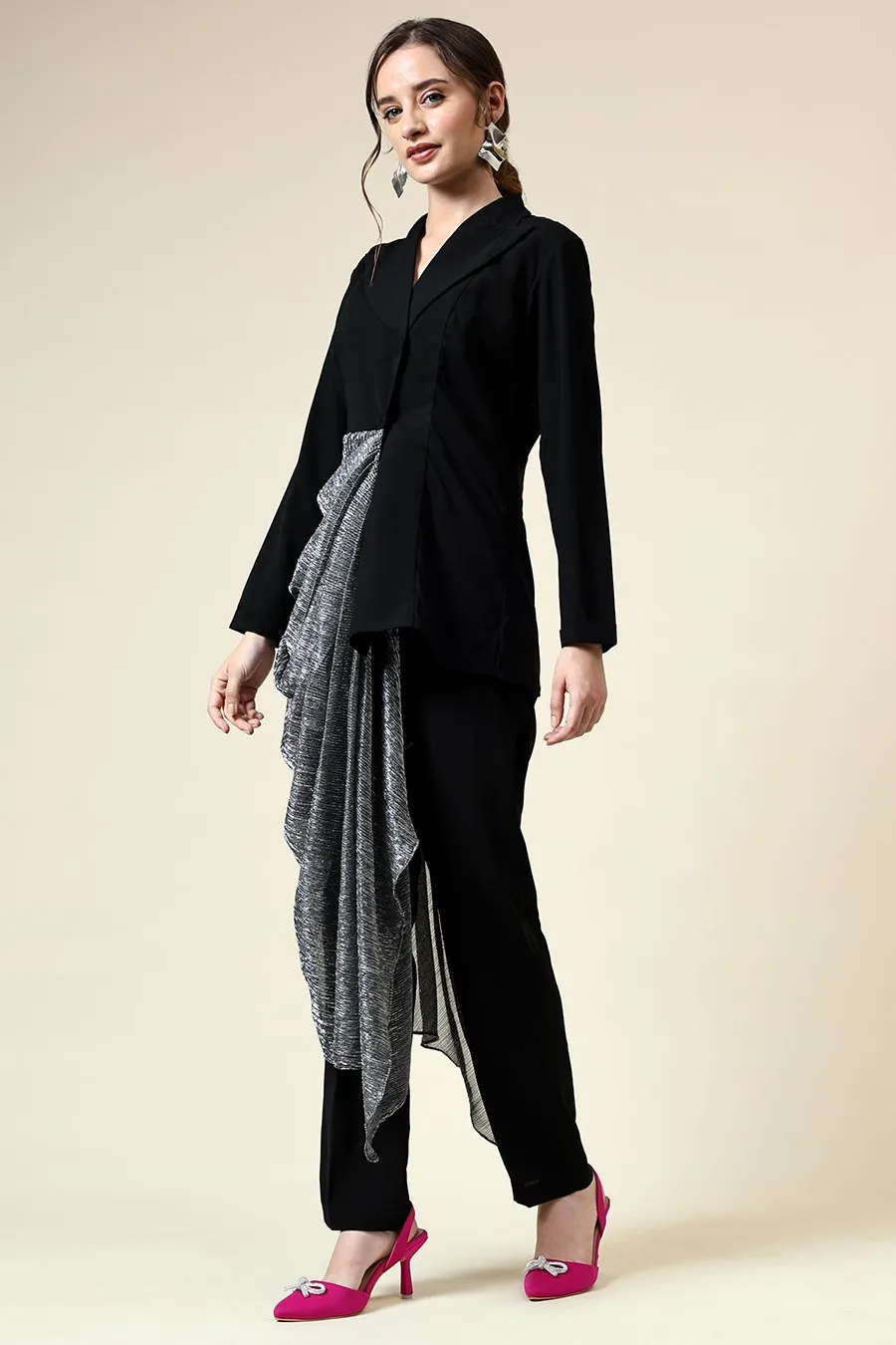 Ensemble Coordonné Blazer Noir Drapé avec Lurex Argenté