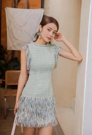 Robe sans manches en tweed à franges, près du corps, décontractée et mini