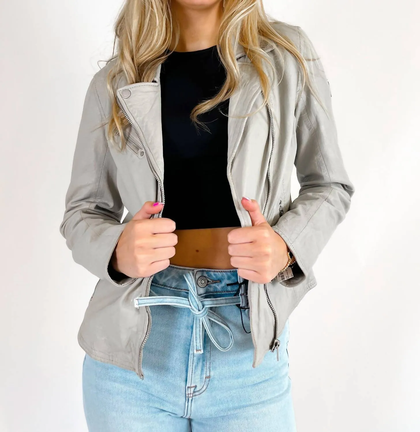 Veste en cuir Sofia en blanc cassé