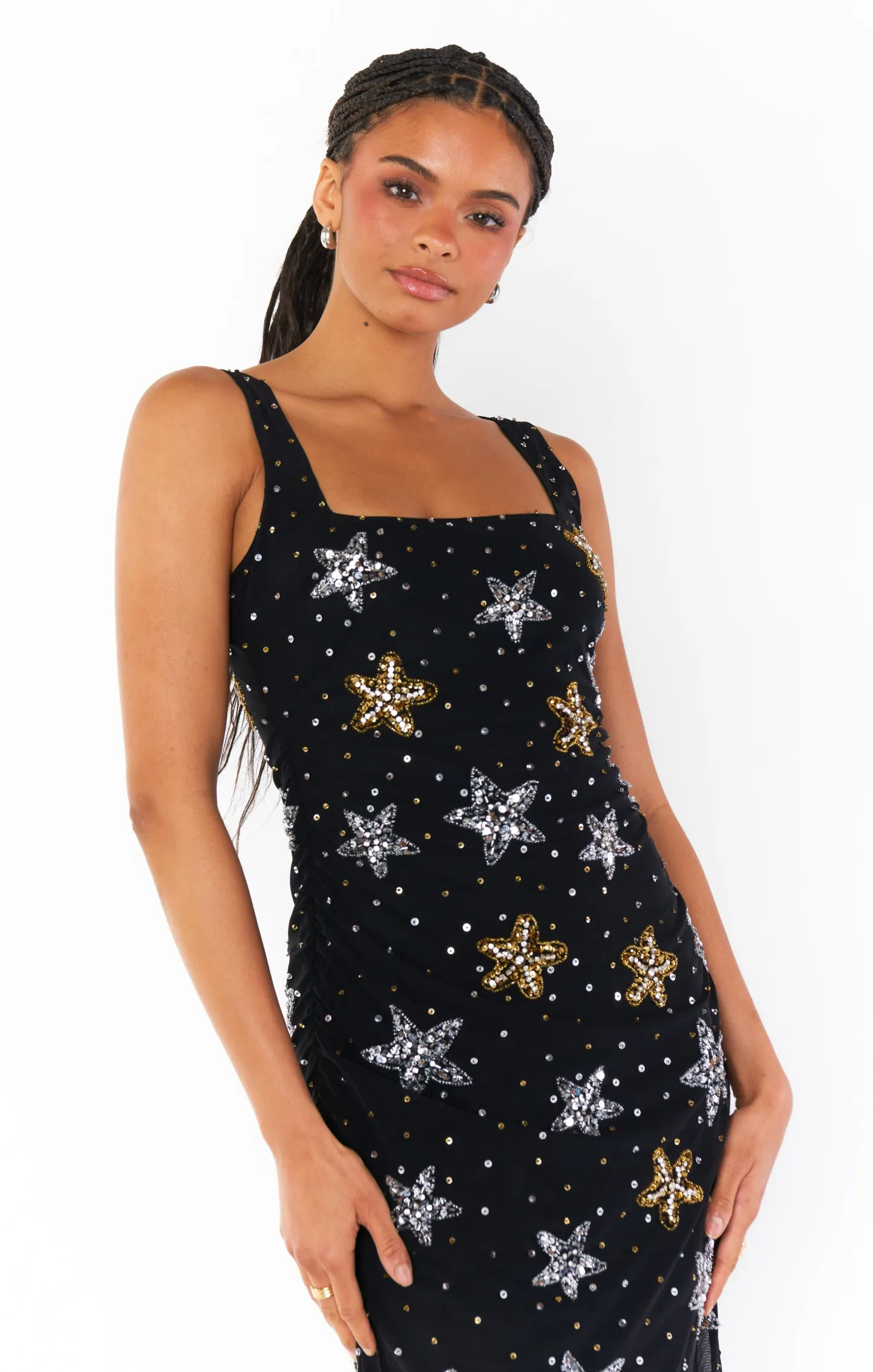 Robe mi-longue Stassi ~ Broderies perles et paillettes en forme d'étoile de mer Noir