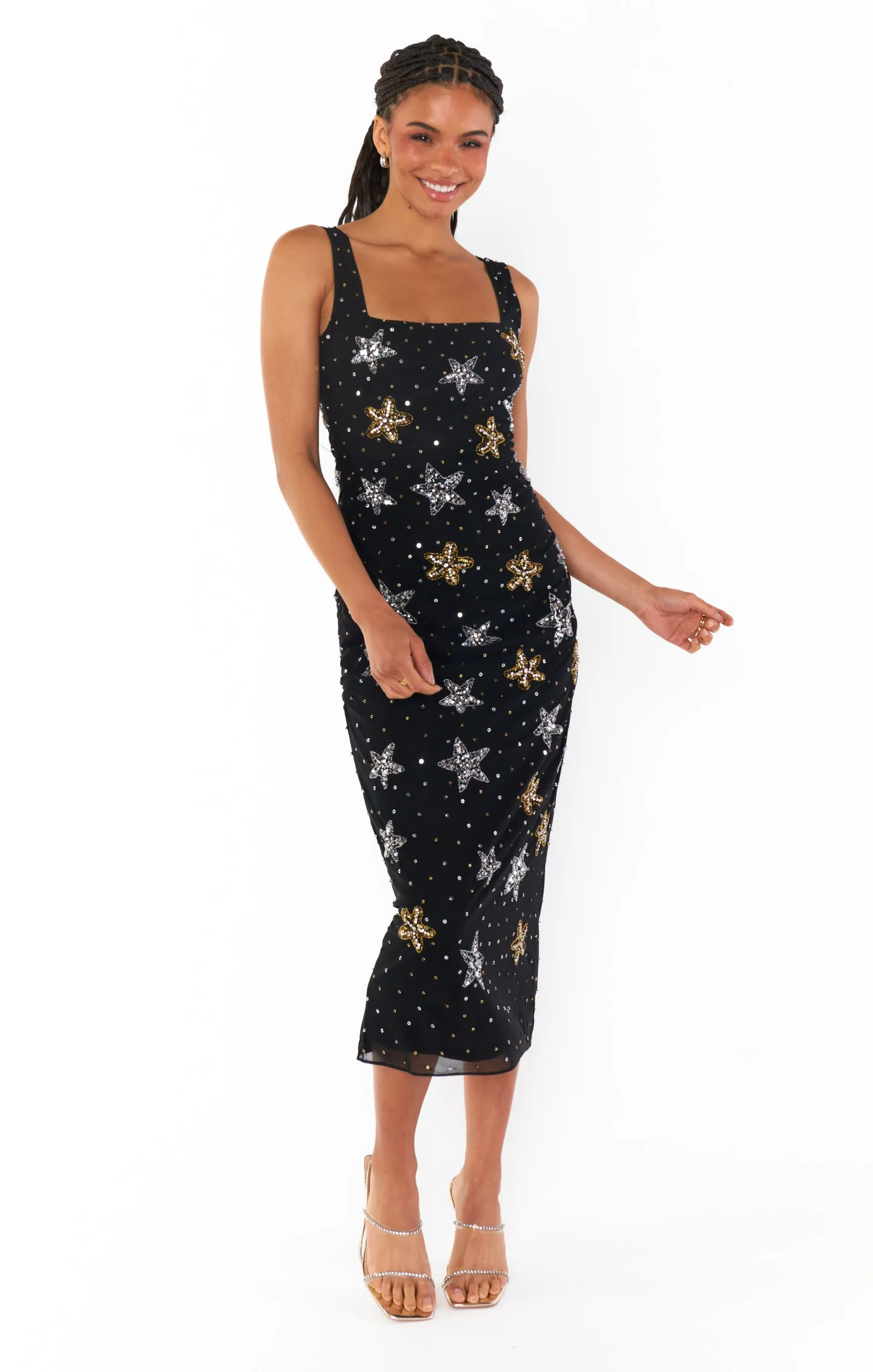 Robe mi-longue Stassi ~ Broderies perles et paillettes en forme d'étoile de mer Noir