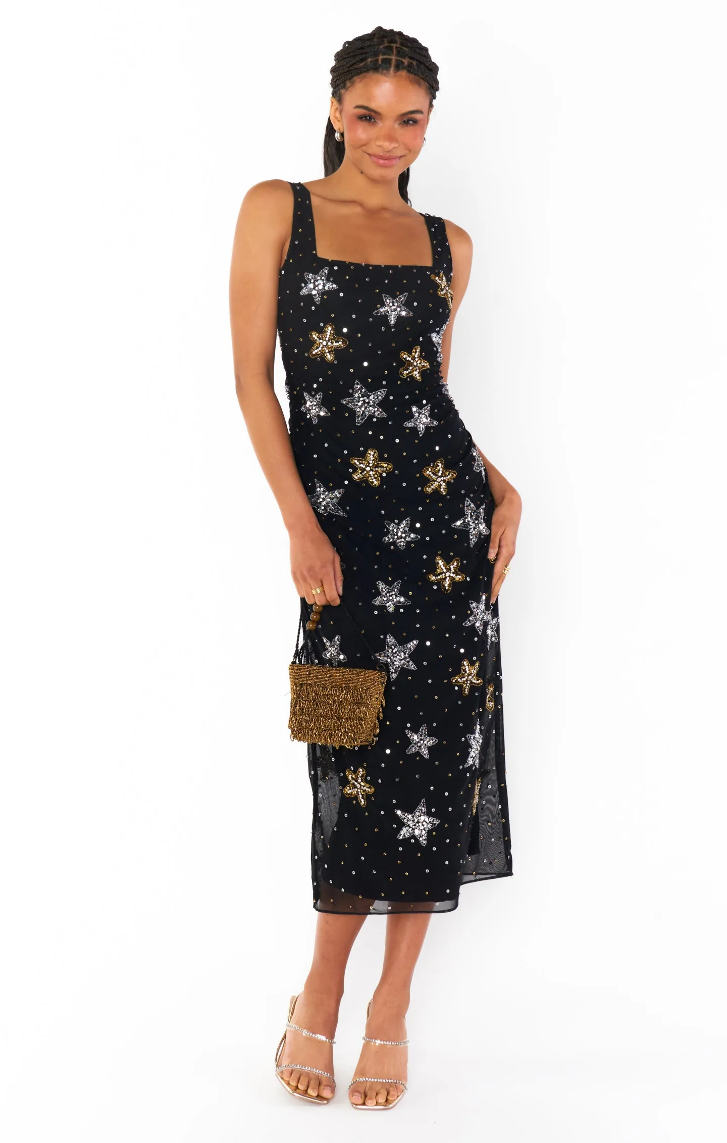 Robe mi-longue Stassi ~ Broderies perles et paillettes en forme d'étoile de mer Noir