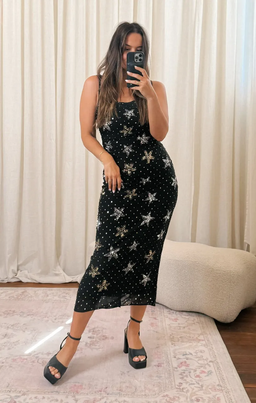 Robe mi-longue Stassi ~ Broderies perles et paillettes en forme d'étoile de mer Noir