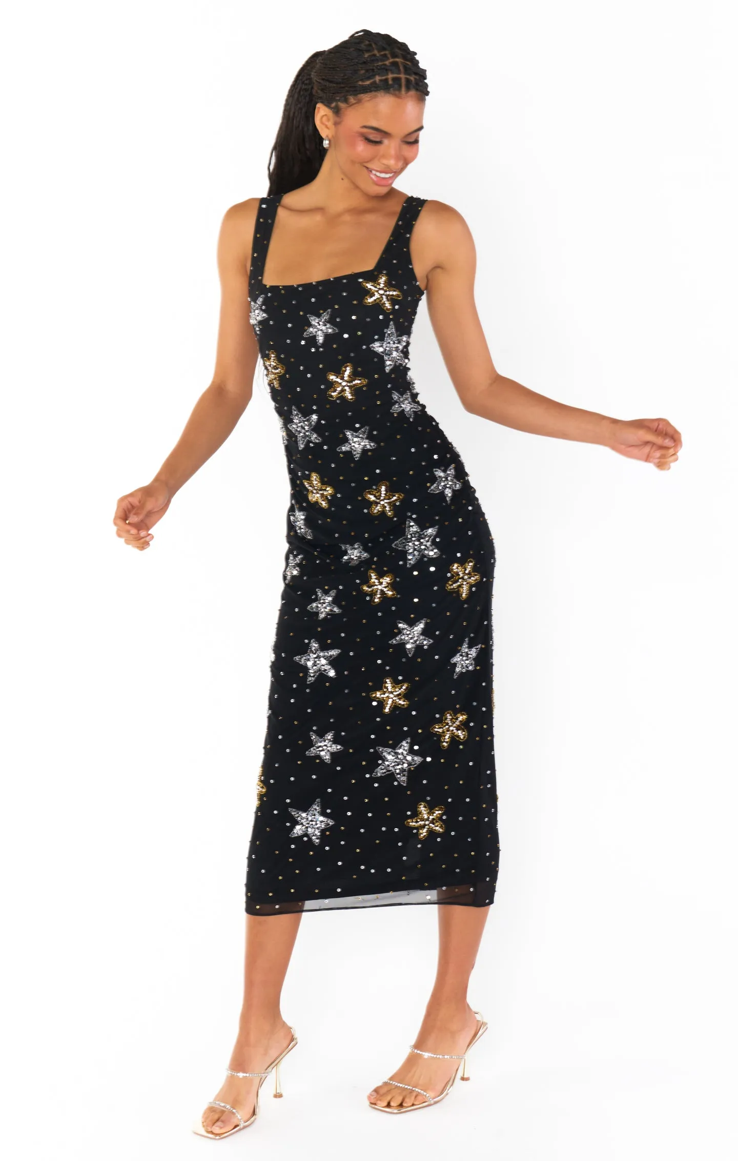 Robe mi-longue Stassi ~ Broderies perles et paillettes en forme d'étoile de mer Noir