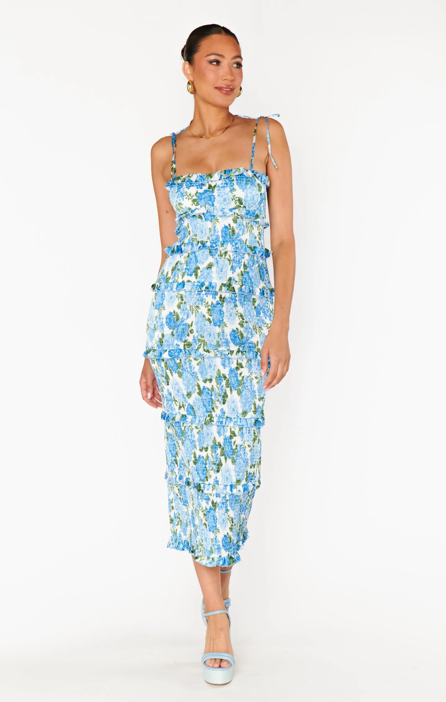 Robe froncée Stella ~ Fleuri champêtre bleu