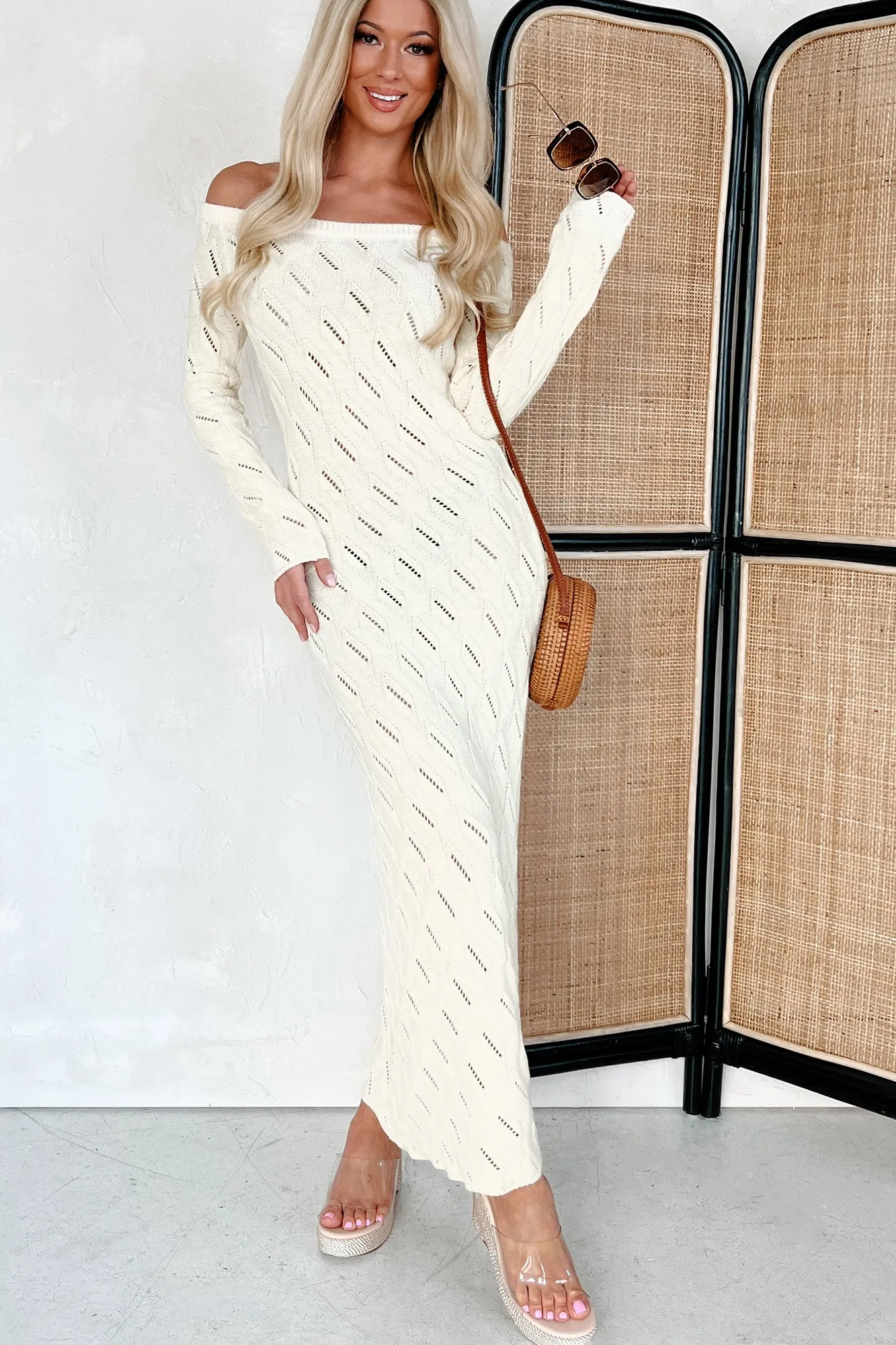 Robe maxi stylée à épaules dénudées (Crème)