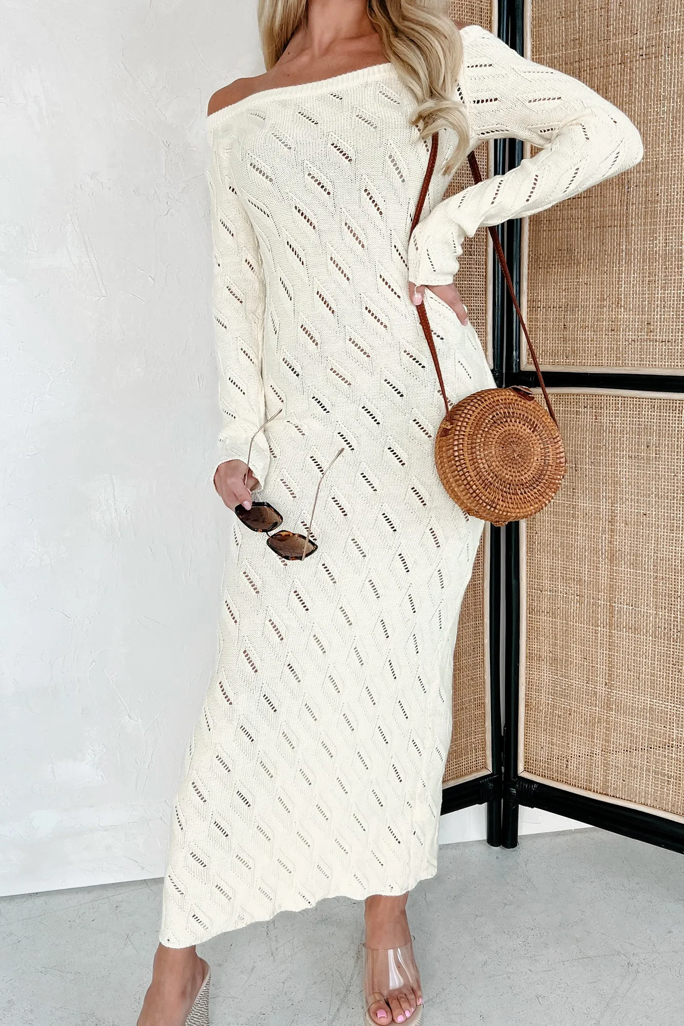 Robe maxi stylée à épaules dénudées (Crème)