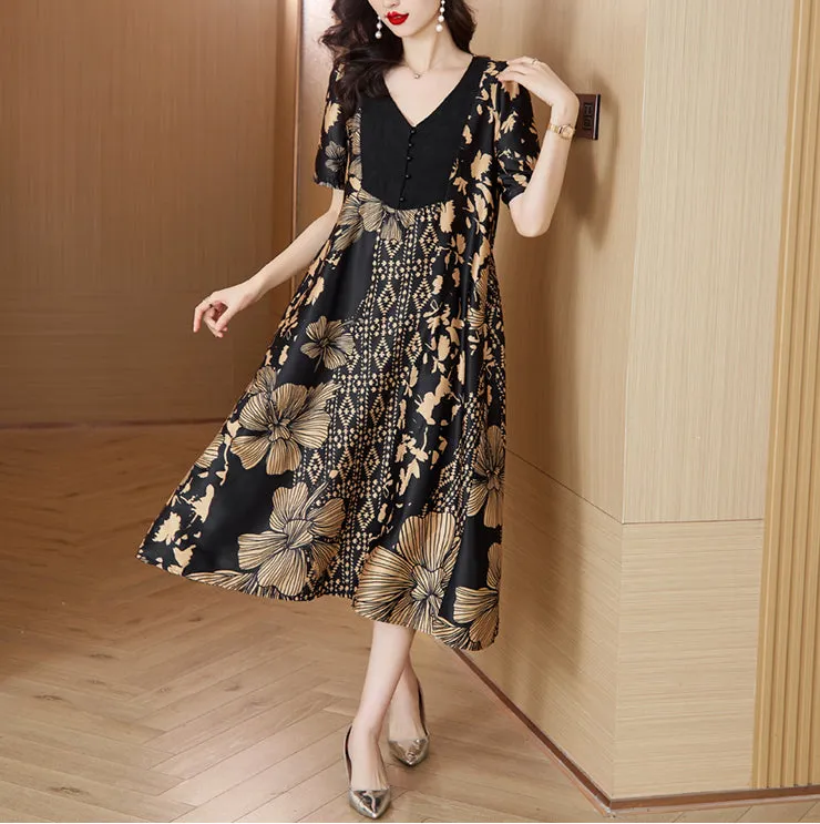 Robe d'été patchwork à col en V ample et élégante