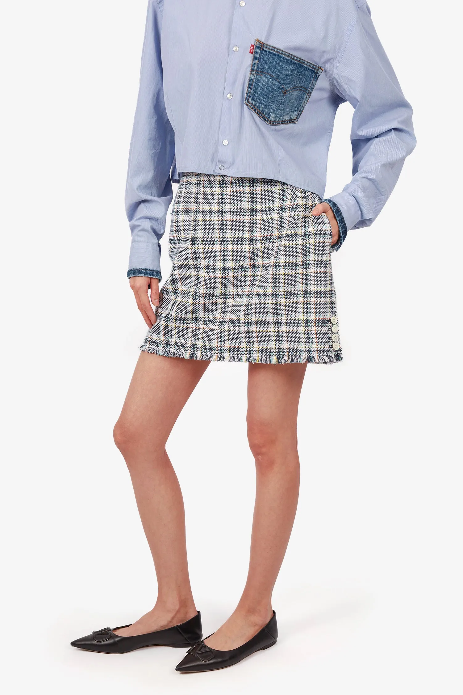 Jupe mini en tweed à carreaux blanc et noir Thom Browne Taille 44