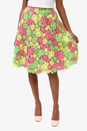 Jupe mi-longue en dentelle fleurie en soie Valentino rose/vert/jaune taille 2