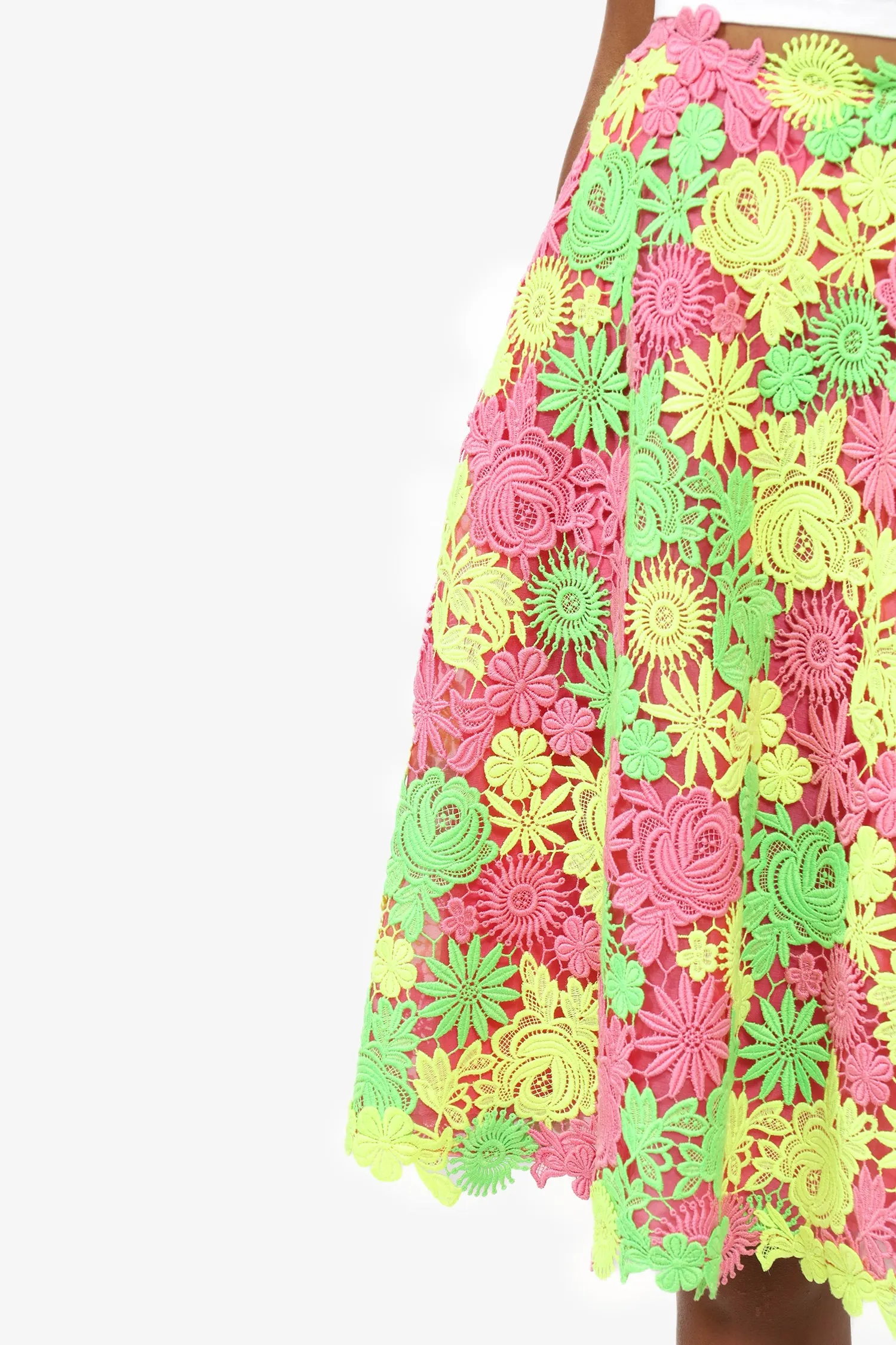 Jupe mi-longue en dentelle fleurie en soie Valentino rose/vert/jaune taille 2