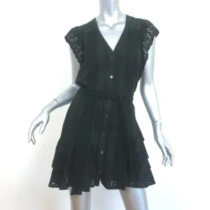 Veronica Beard Robe Mini à Boutonnage Devant Noir en Coton Brodé Œillet Taille 2