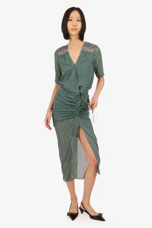 Veronica Beard Robe verte à imprimé paisley avec encolure en V et ruchées taille 00