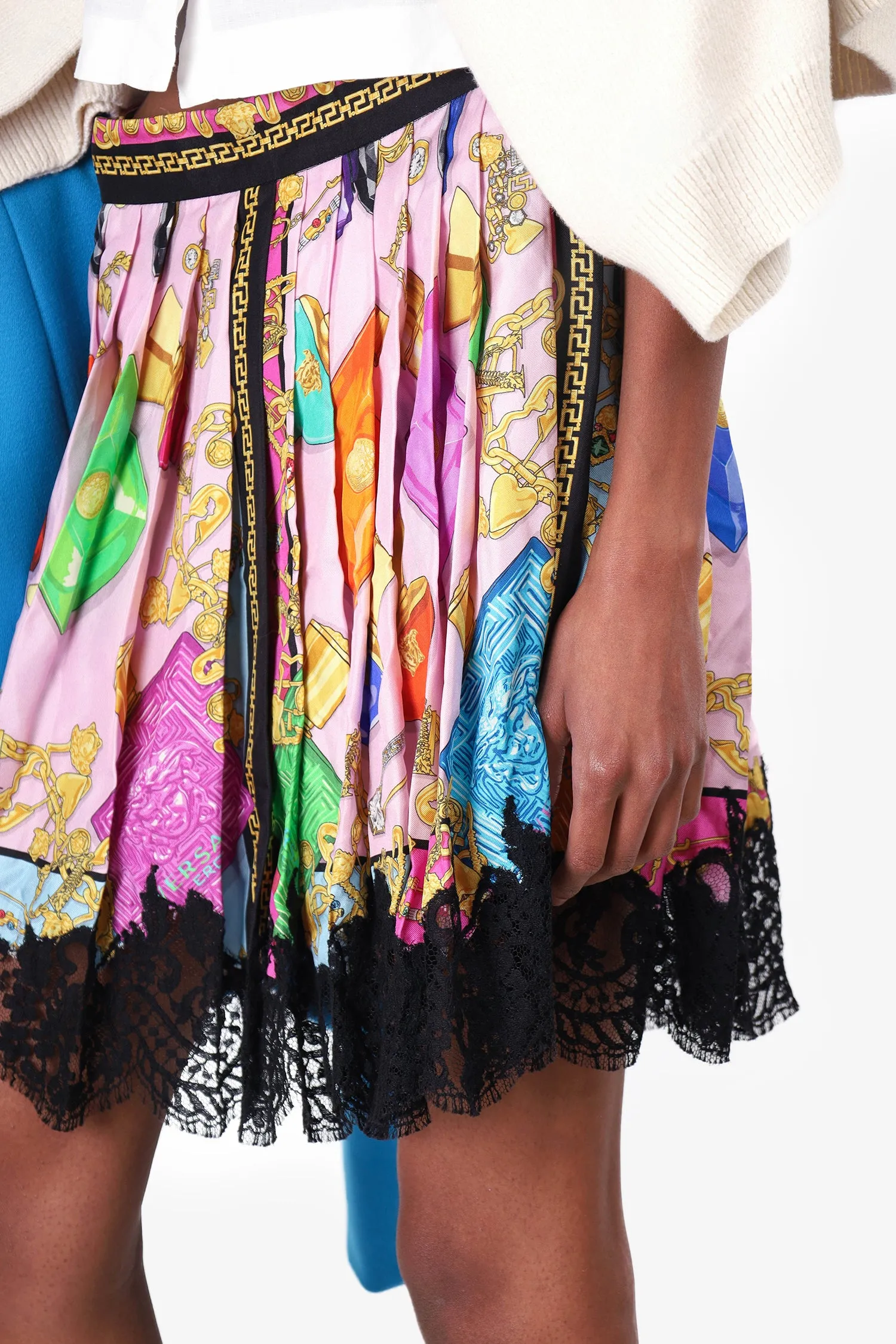 Jupe plissée multicolore en soie et dentelle Versace taille 40
