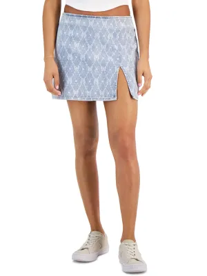 Jupe en denim lavé à imprimé papillon pour femme, Bleu