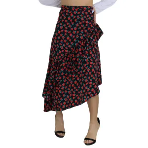 Jupe midi à volants florale pour femme, Noir