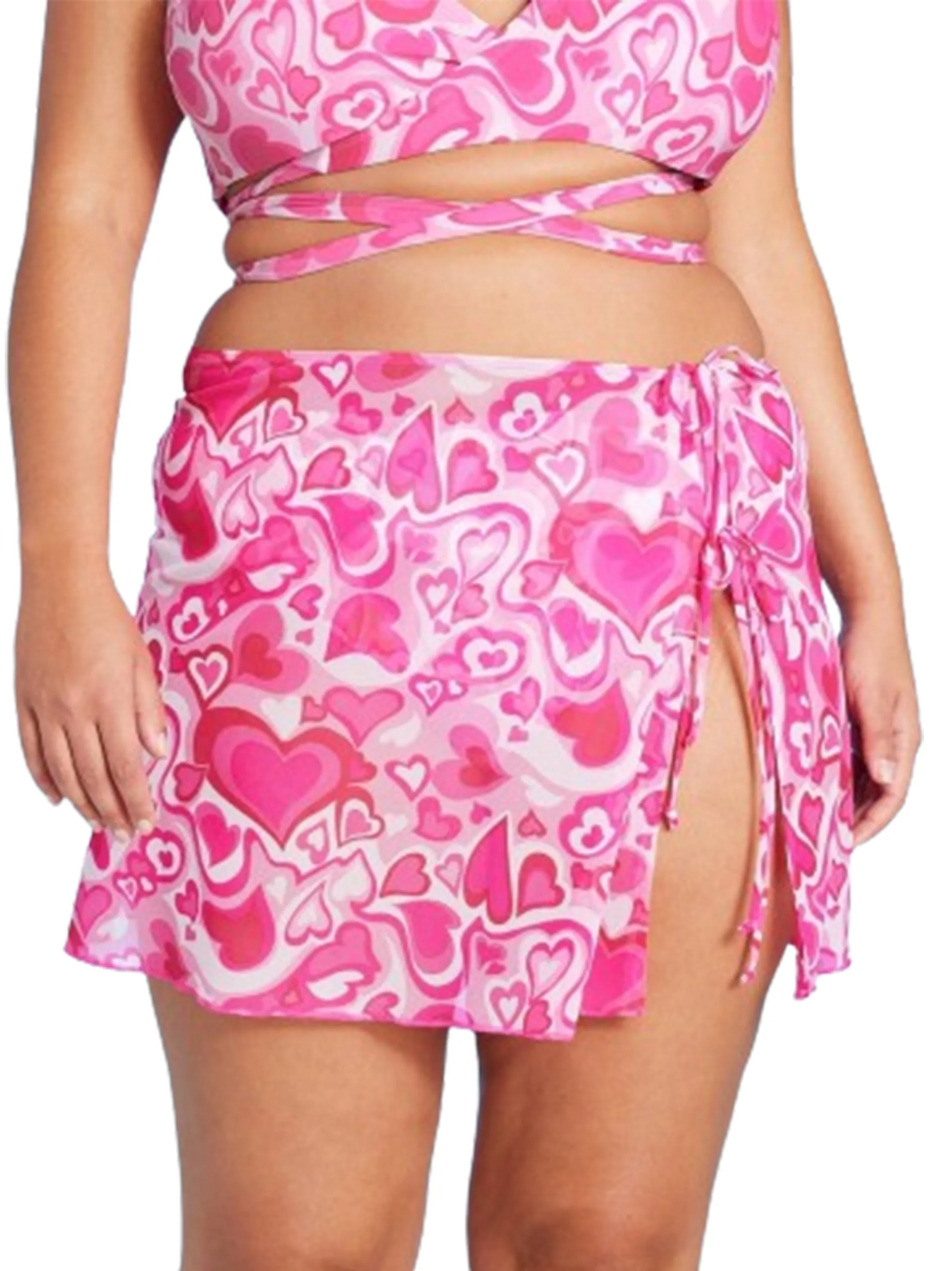 Jupe en mesh à imprimé cœur et nouage latéral pour femme, Rose