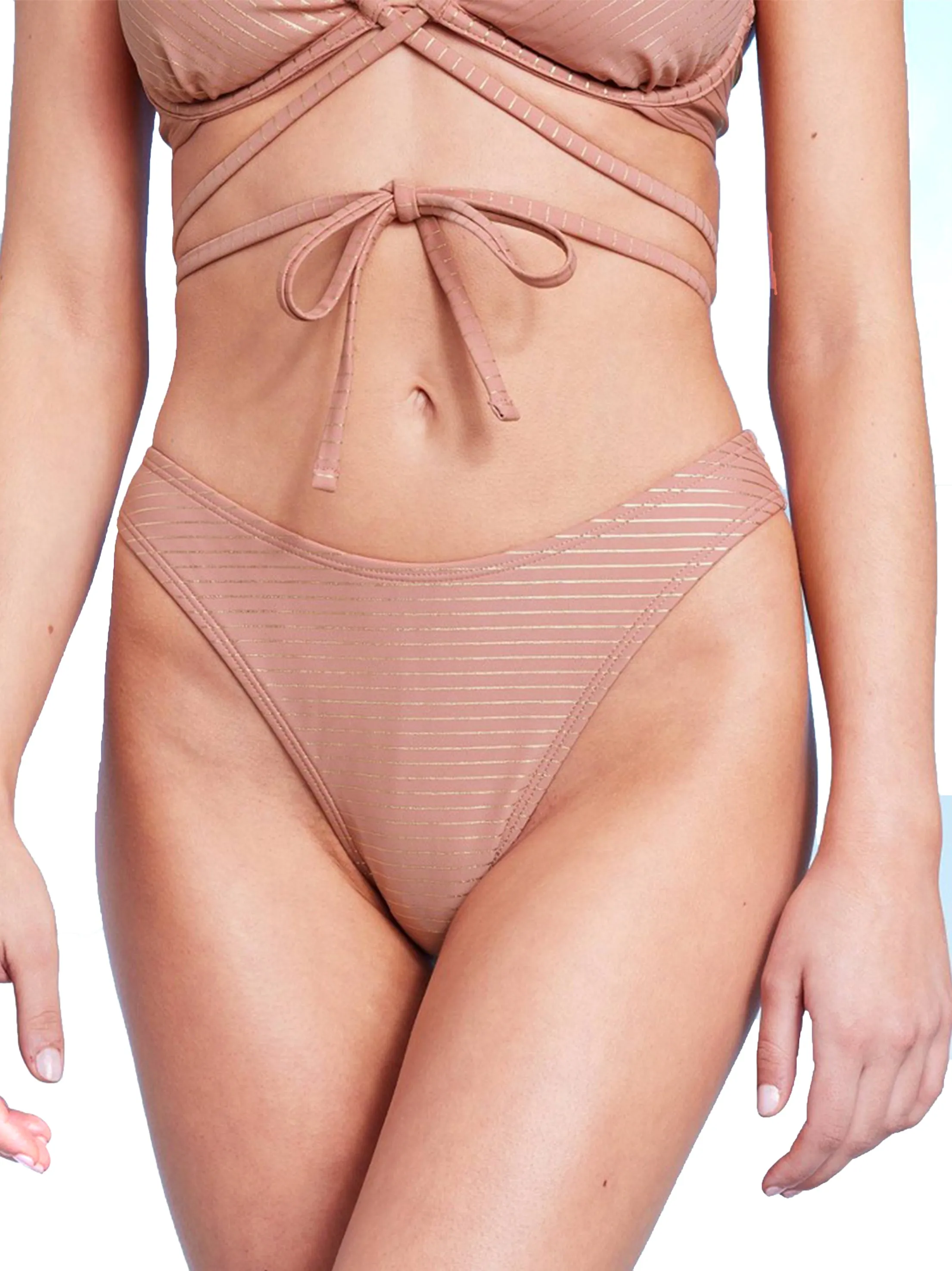 Slip de Bikini Femme à Rayures Métallisées, Nu